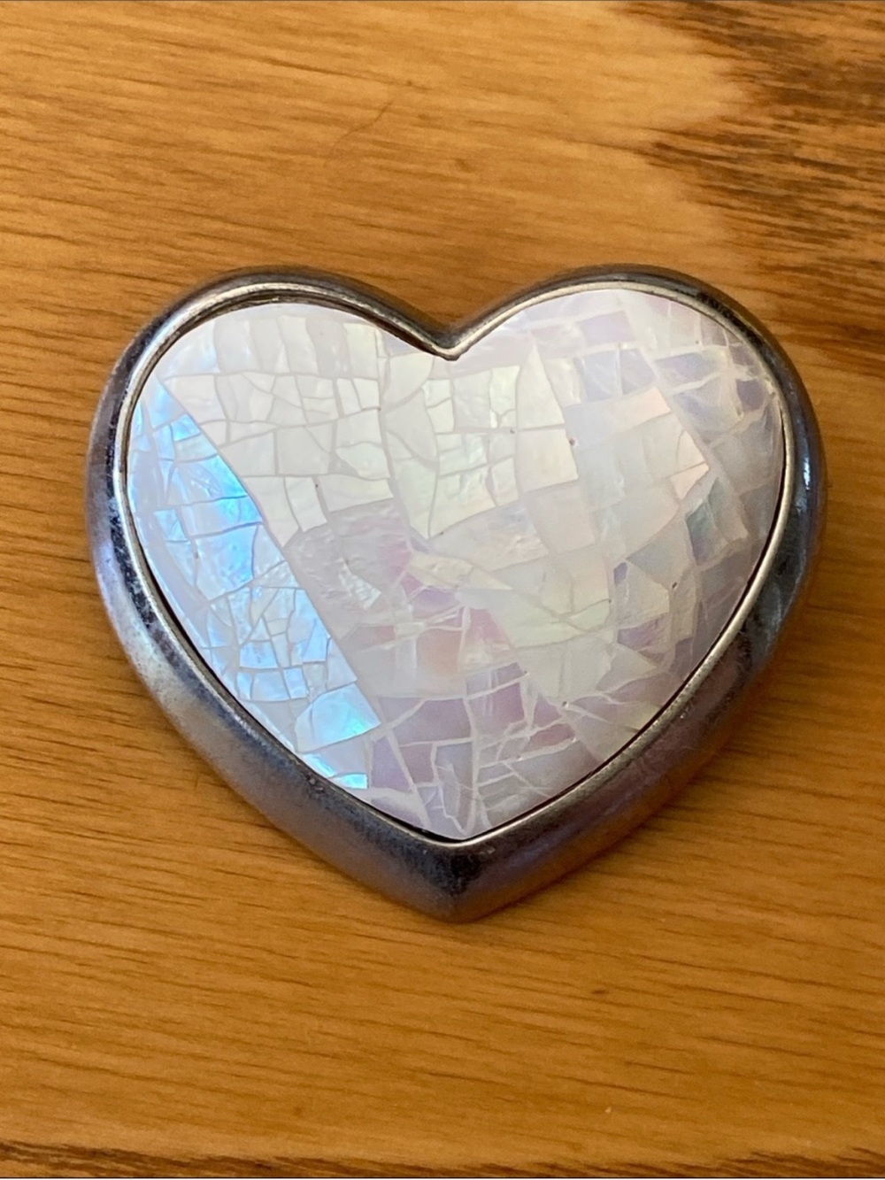 Vintage Heart Brooch with Iridescent Mosaic Mother of Pearl White Inlay